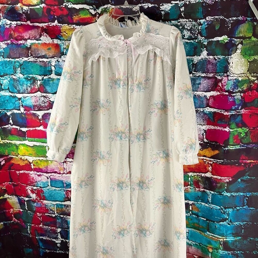 Vintage Lorraine Floral Print Flannel Lace Trim Half Zip Nightgown House Dress M